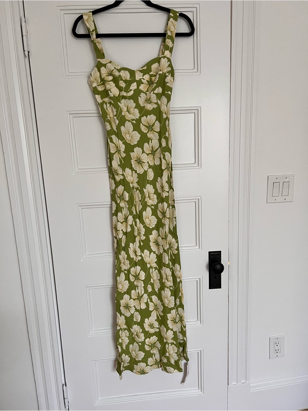 Reformation Olive Green Maxi Dress with Cream Floral Print